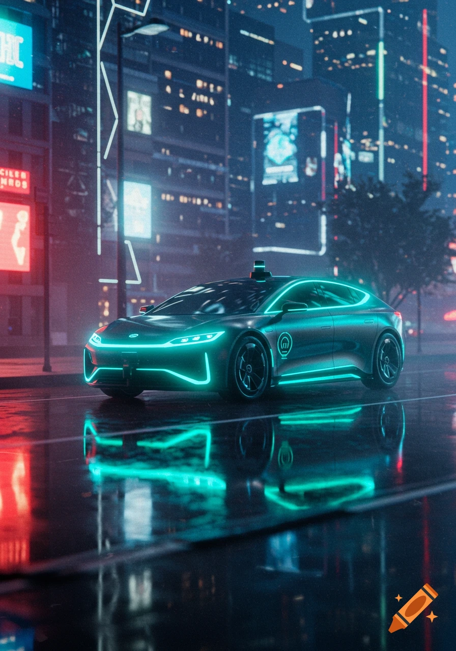 A sleek futuristic car with neon turquoise lights drives on a wet city street at night, reflecting the glowing urban lights.
