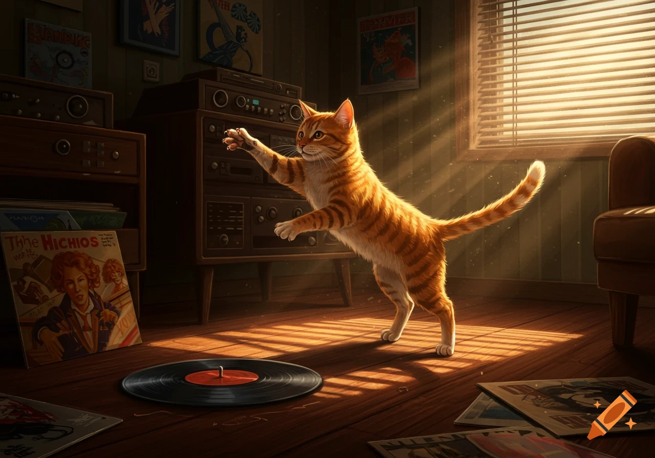 An orange tabby cat is pouncing at a record player, surrounded by vinyl records in a sunlit retro room.