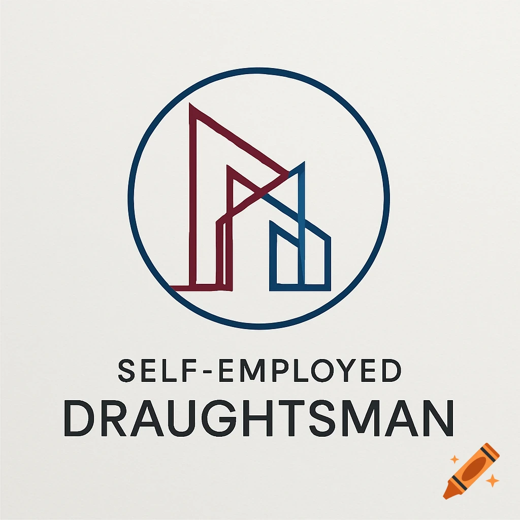 Modern self-employed draughtsman company logo in claret and blue, featuring abstract building lines within a circle, with 'SELF-EMPLOYED DRAUGHTSMAN' text below.