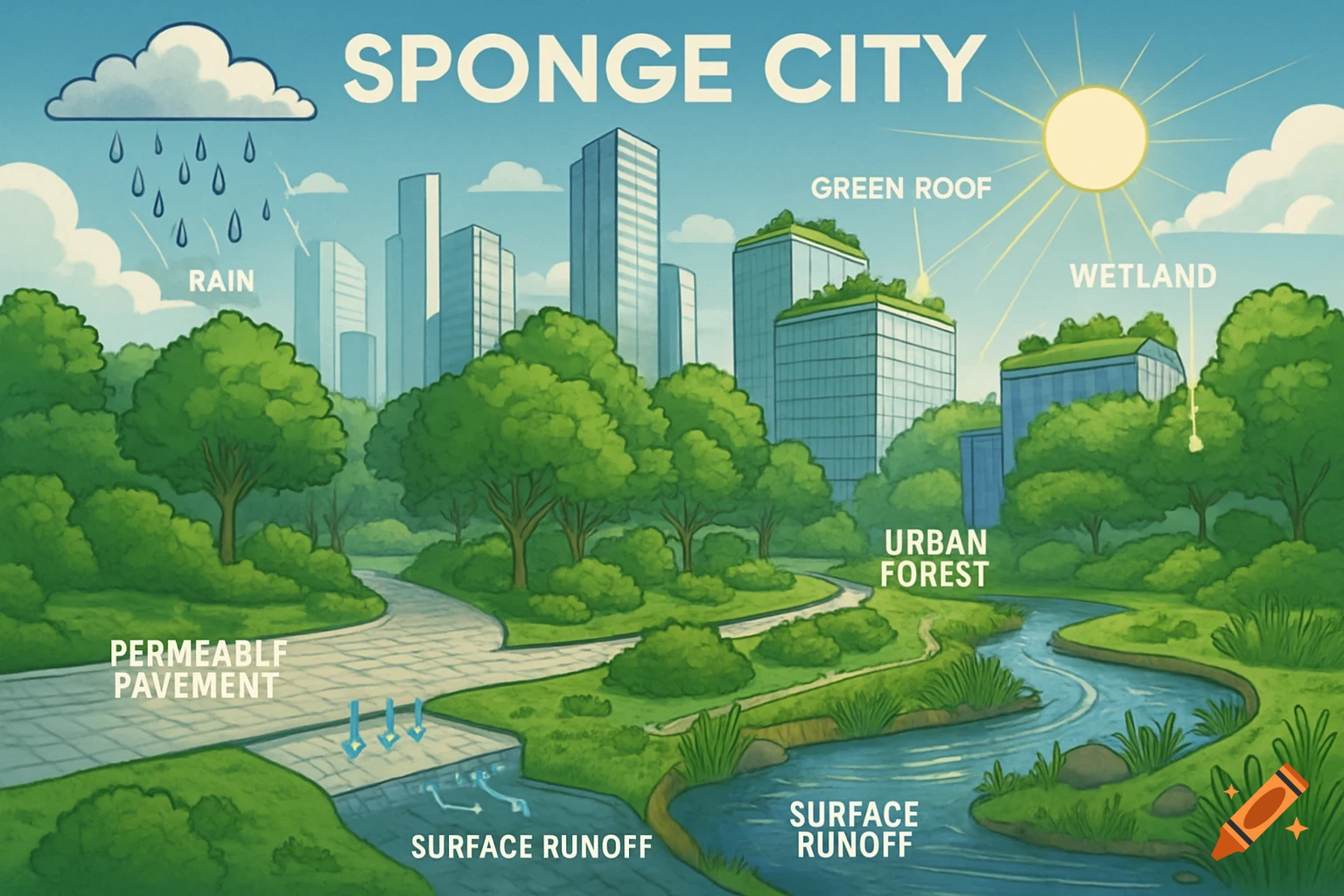 Illustration of a 'Sponge City' demonstrating sustainable urban planning with green roofs, urban forests, wetlands, and permeable pavement.