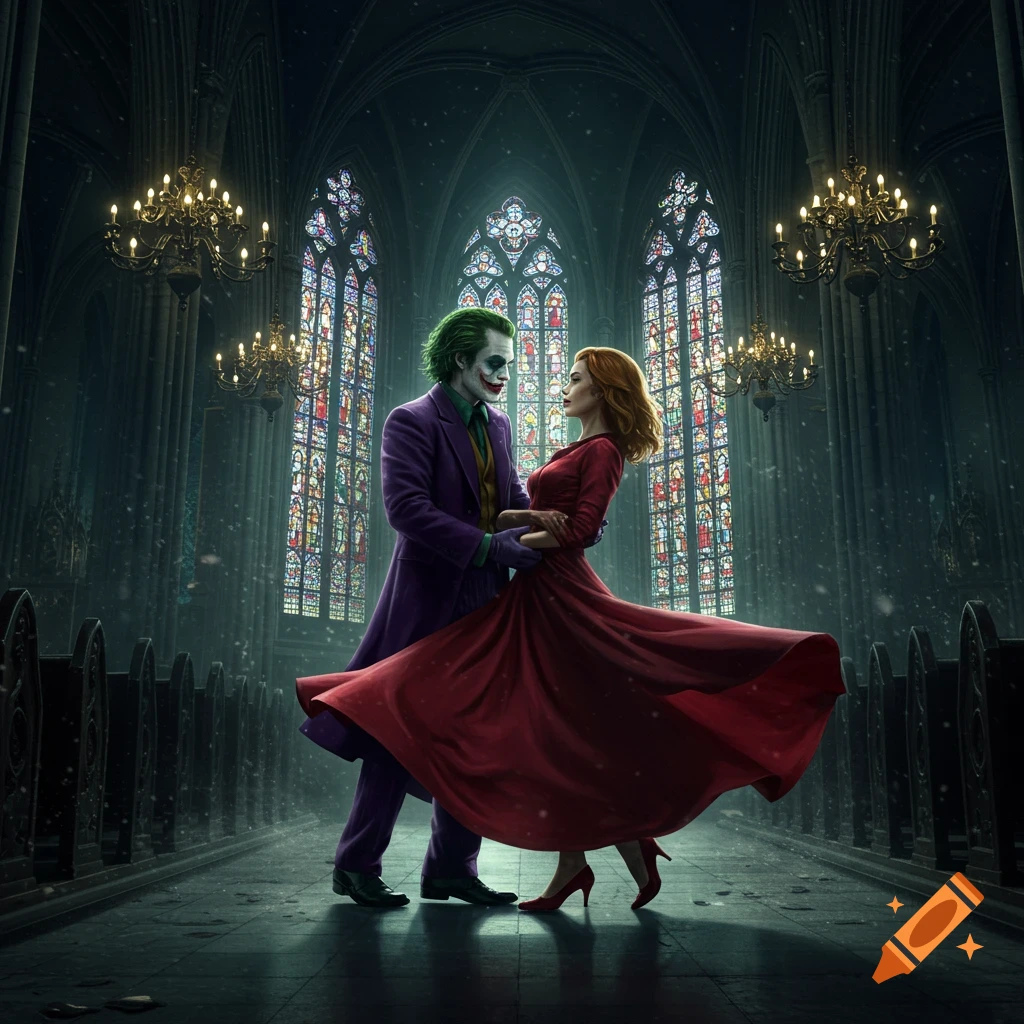 Joker in a purple suit dancing with a woman in a red dress in a grand cathedral with stained glass windows.
