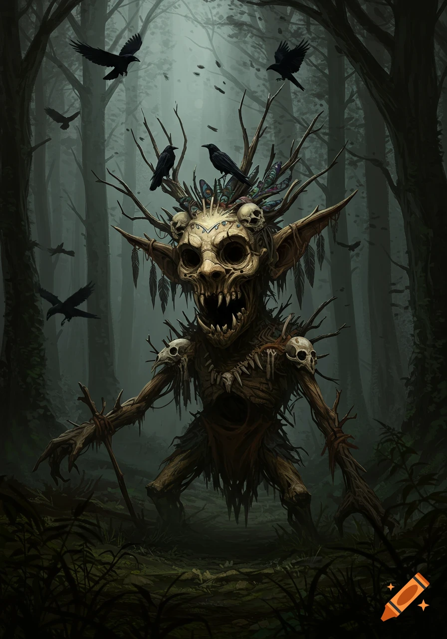 A grotesque goblin totem made of bones and branches, with gaping jaws, surrounded by black crows in a dark, misty forest.