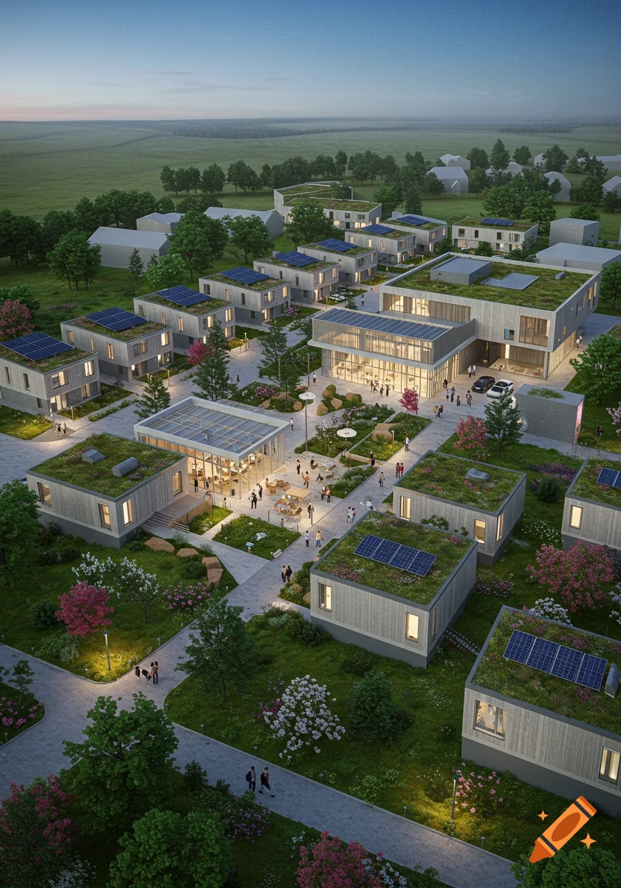 An aerial view of a modern, sustainable student housing complex at dusk, featuring buildings with green roofs and solar panels amidst lush greenery.