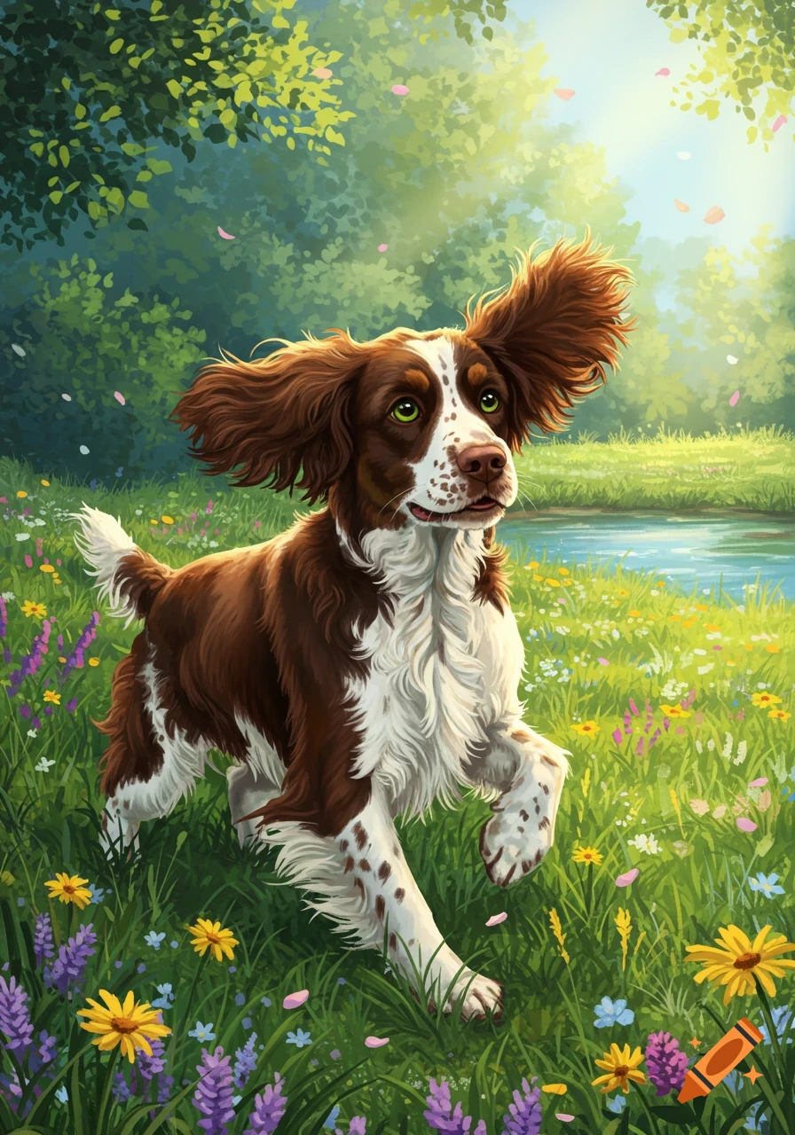 An illustrated brown and white Springer Spaniel dog bounds through a vibrant field of wildflowers with a pond and trees in the background.