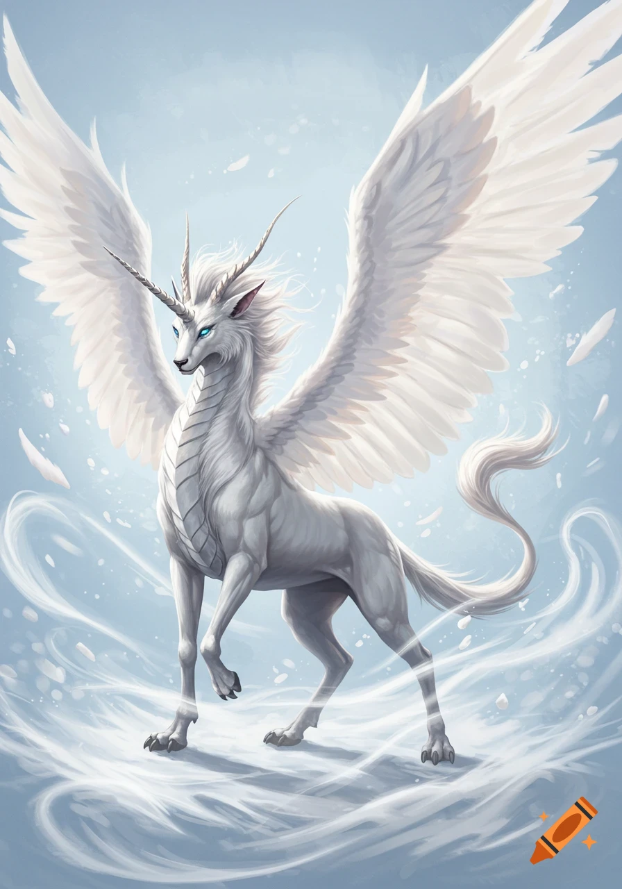 A majestic white winged unicorn-like creature with dragon features and a lion's tail stands in a swirling snowy landscape.