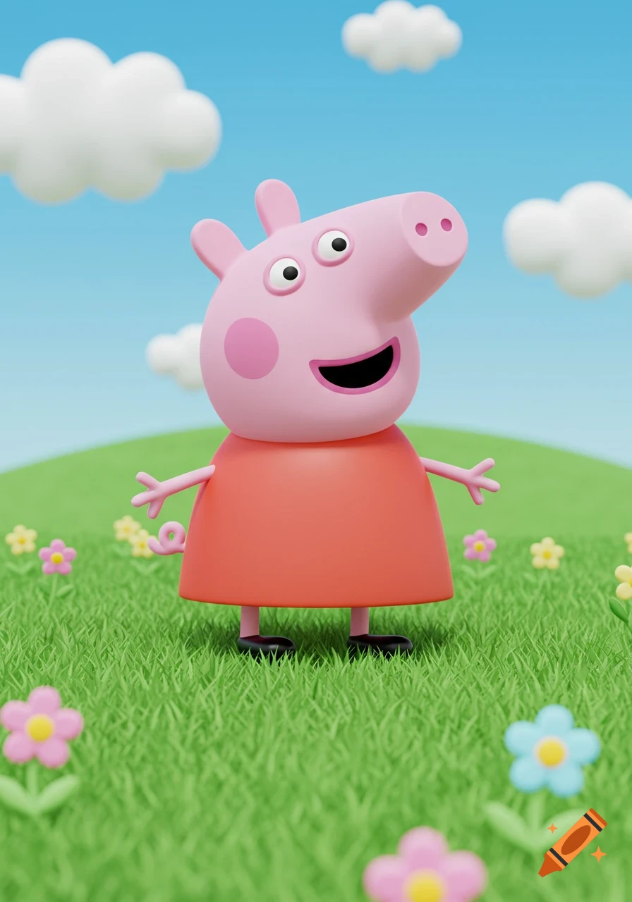 3D render of Peppa Pig standing in a grassy field with colorful flowers and white clouds in a blue sky.