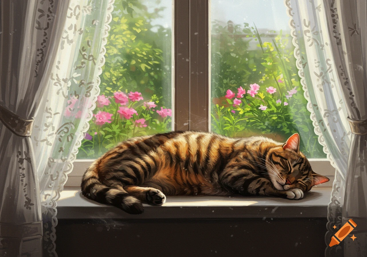 A striped tabby cat sleeps peacefully on a sunlit windowsill, with lace curtains and a garden with pink flowers outside.