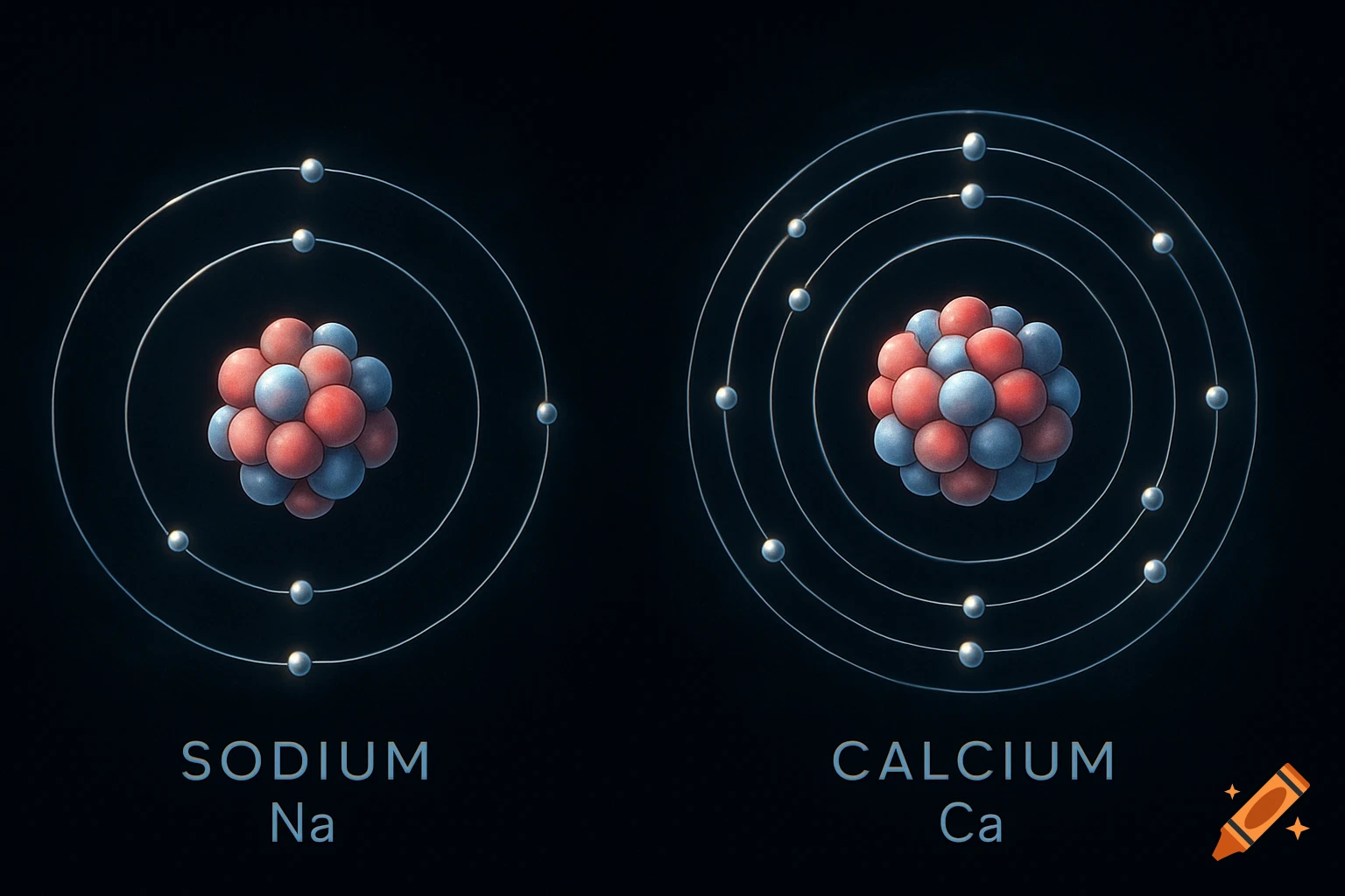 Detailed illustration of a Sodium atom with 11 electrons and a Calcium atom with 20 electrons, showing nuclei and electron shells.