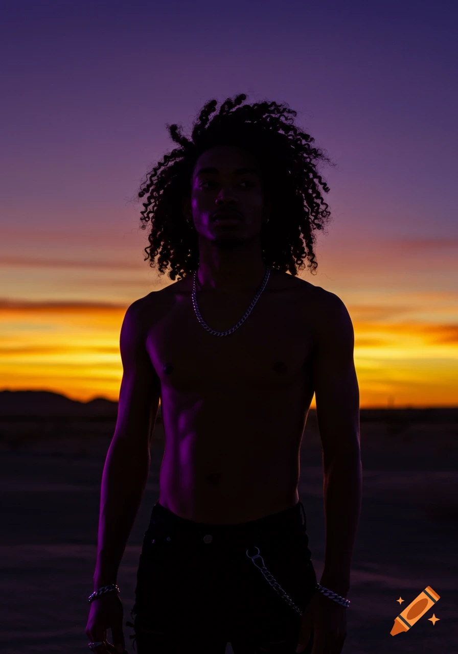 A shirtless mixed-race man with curly hair stands in a desert at sunset, illuminated by purple neon light against an orange and purple sky.