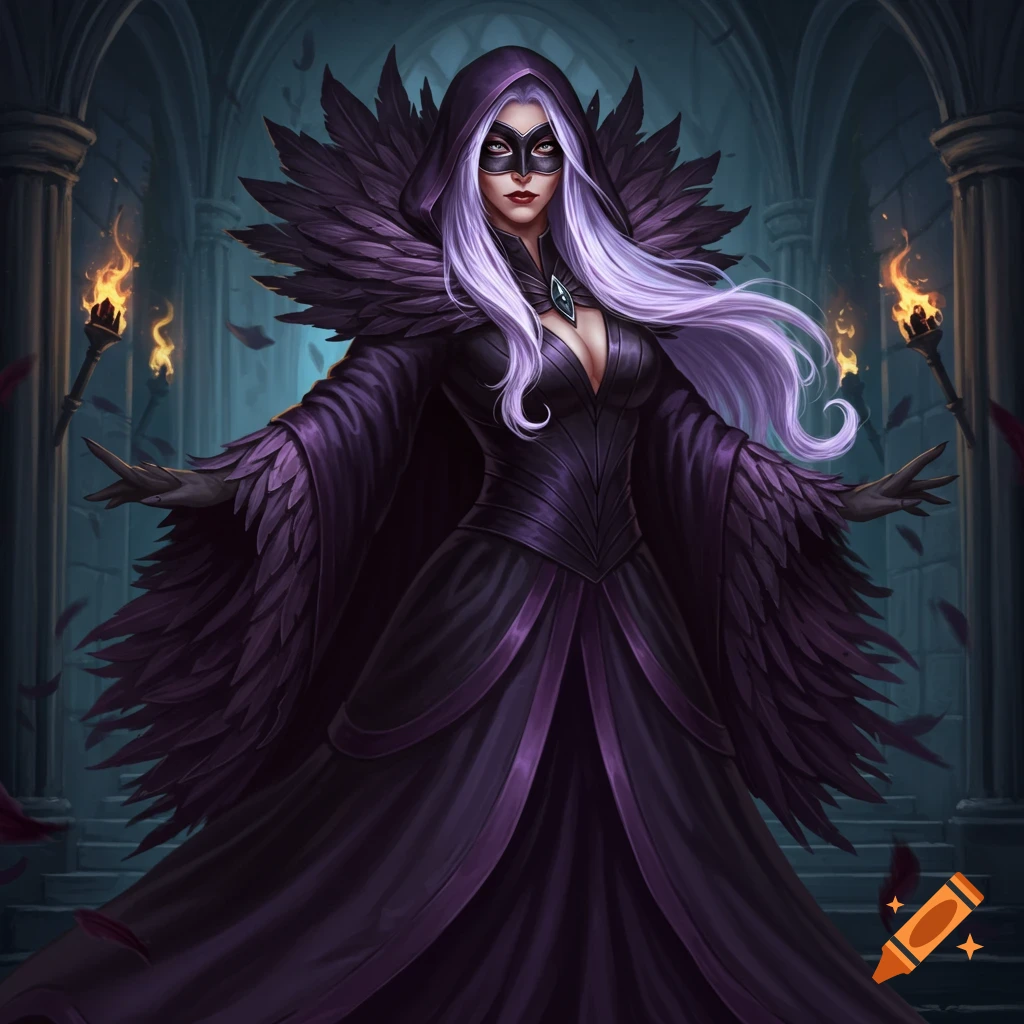 A masked female villain in a hooded, feathered dark purple robe with long lilac hair, standing in a gothic hall with torches.
