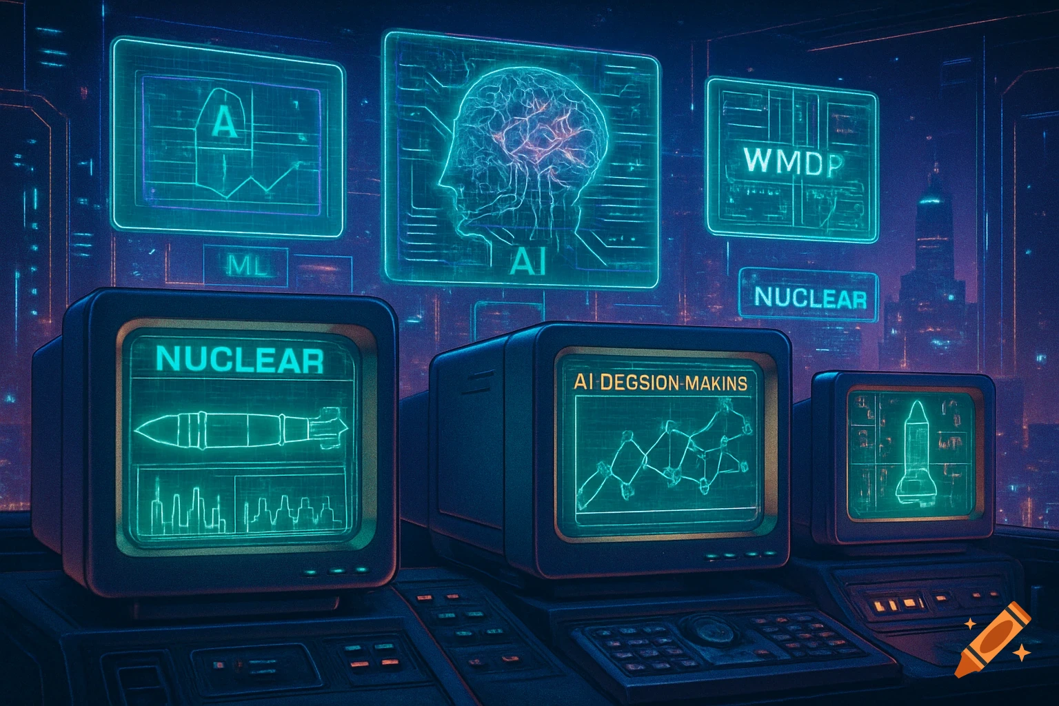A retro-futuristic command center with glowing monitors and holographic displays showing AI, ML, and nuclear data over a neon cityscape.