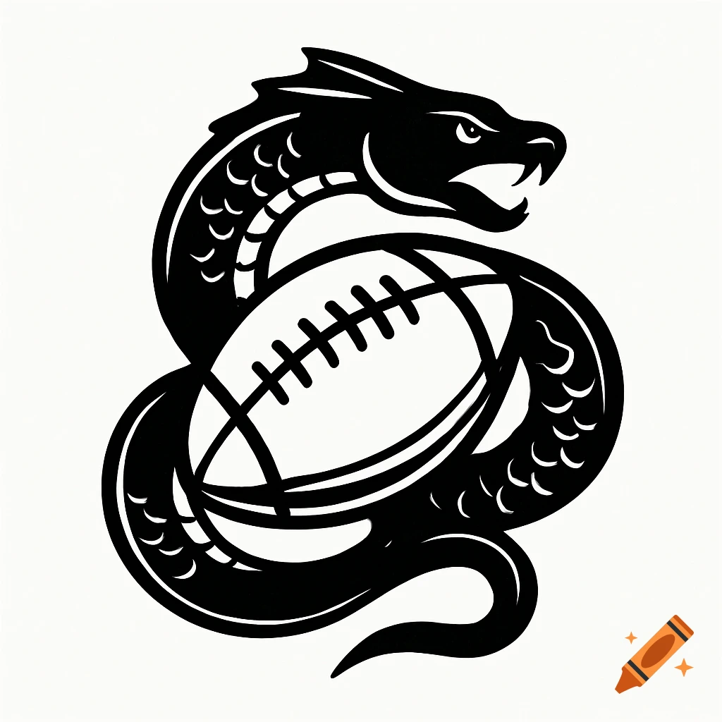 Stylized black and white logo of a sea serpent wrapped around an American football.