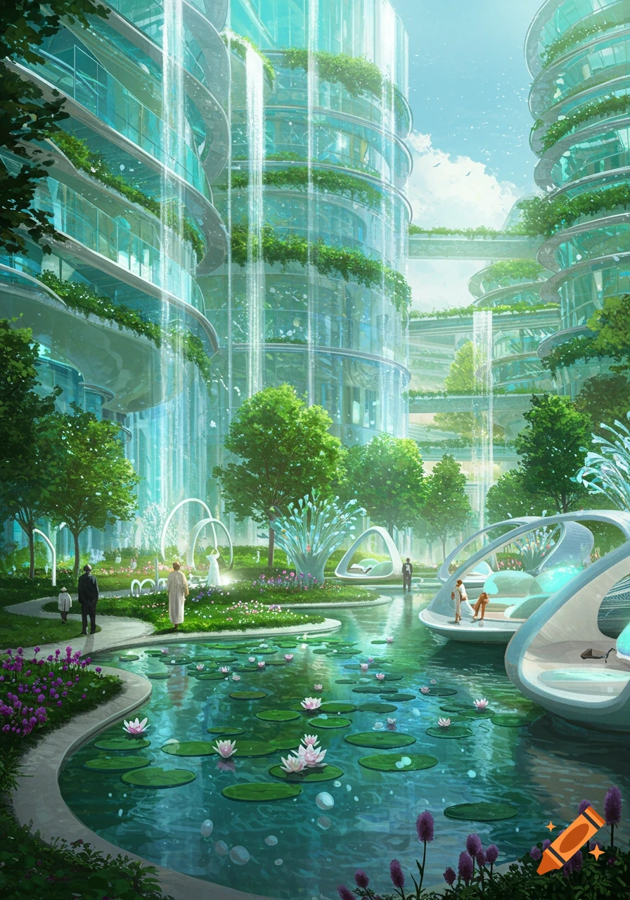 A vibrant, futuristic city with glass buildings, flowing waterfalls, abundant greenery, and a tranquil pond with lilies and people.