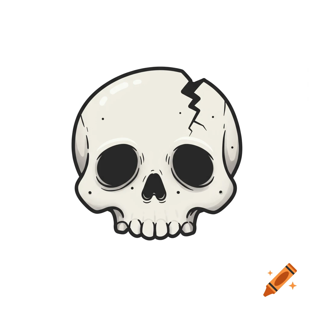 A cartoonish light beige skull with a black outline, dark eye sockets, and a crack on its forehead, on a white background.