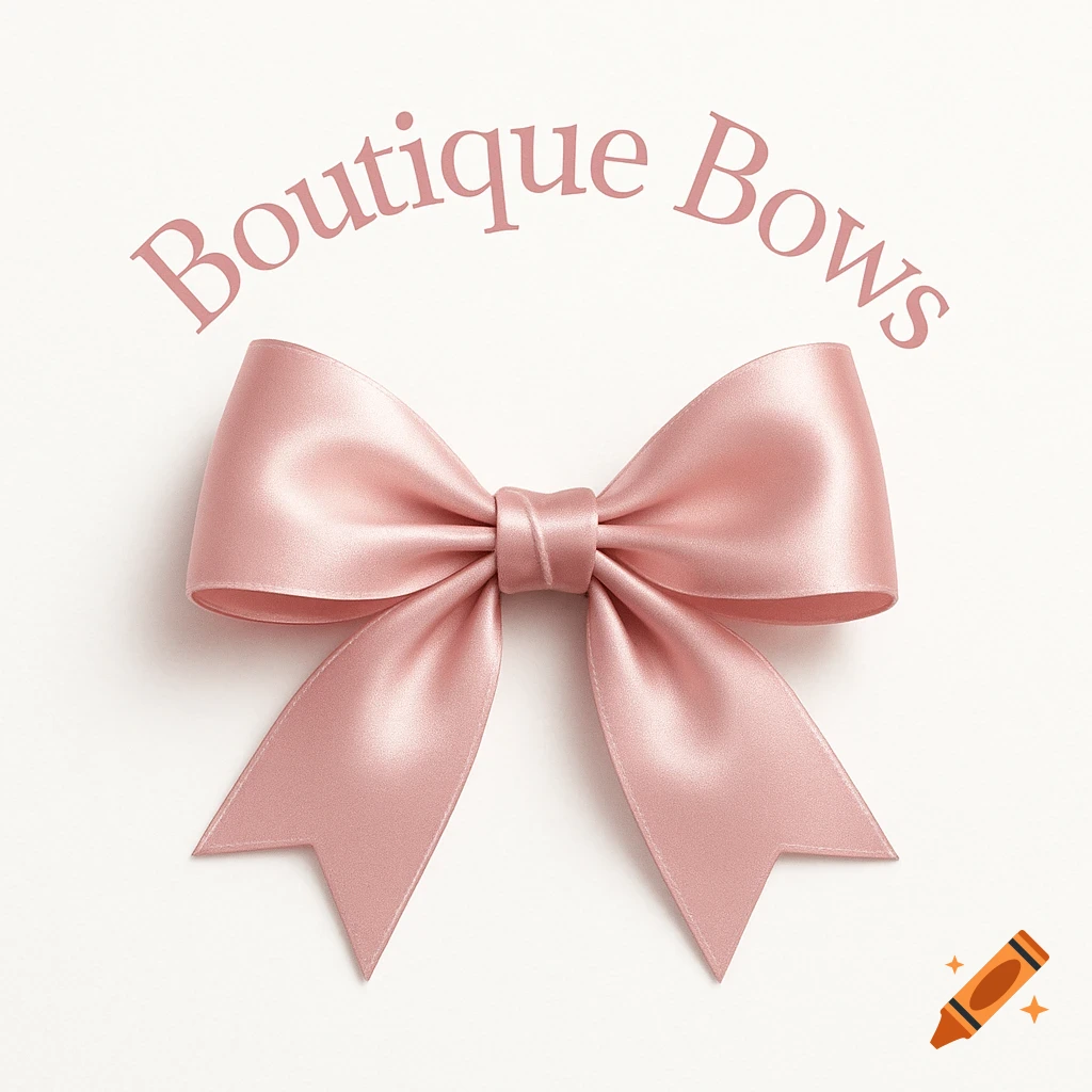 A photorealistic pink satin bow centered on a white background with 'Boutique Bows' text curved above it.