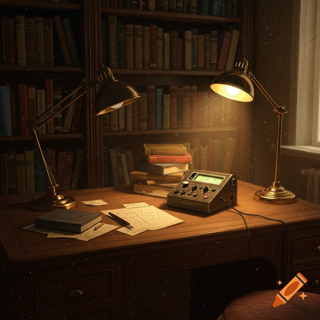 A dimly lit vintage study desk with two brass lamps, a dictation machine, papers, a book, and bookshelves in the background.