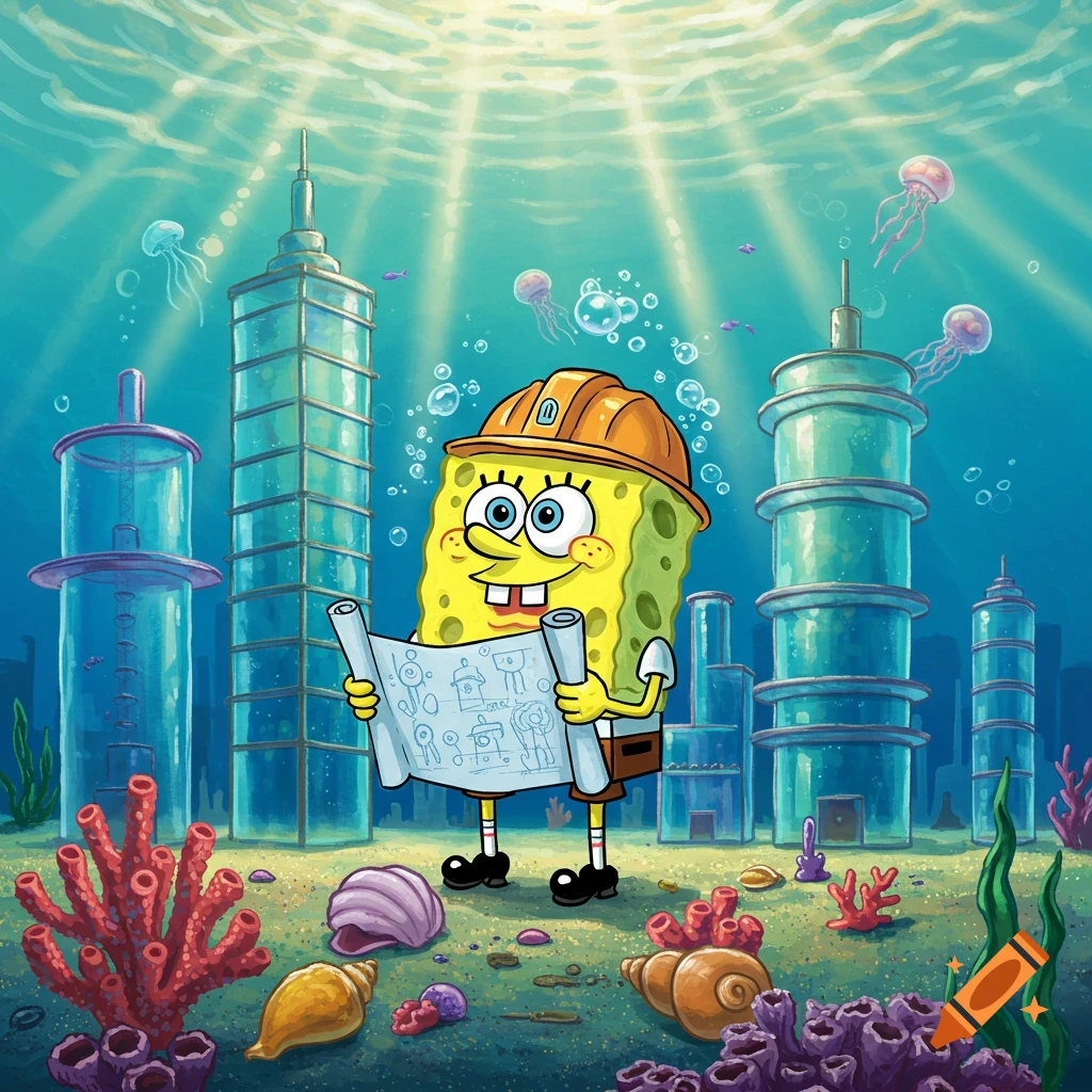 Spongebob Squarepants in a hard hat holds blueprints in a vibrant underwater city with tall glass-like buildings and coral.