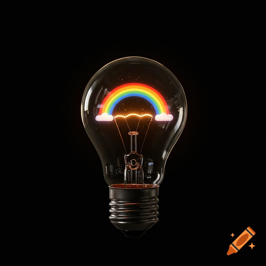 A glowing lightbulb contains a cartoon rainbow with clouds against a black background.