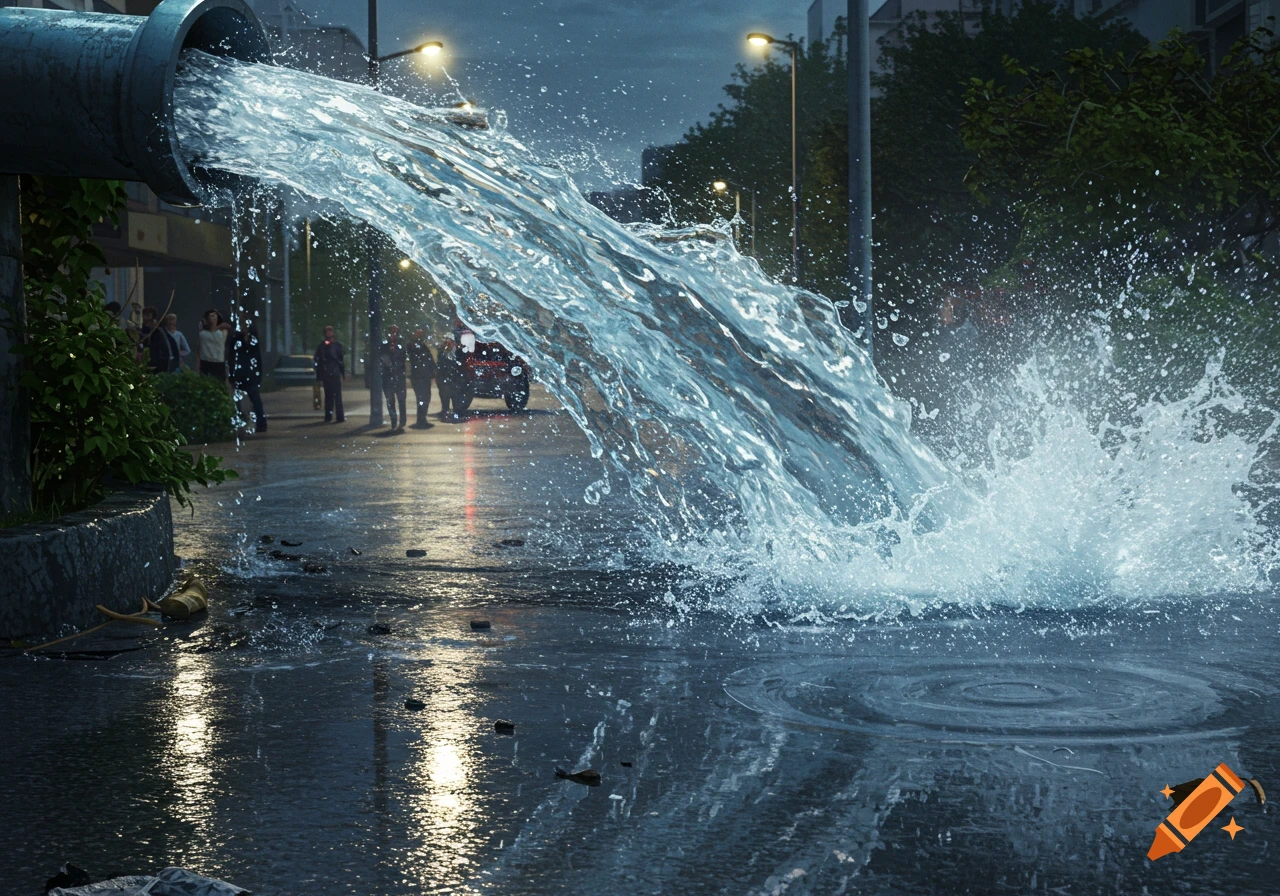 A large stream of water gushes from a pipe onto a wet, reflective city street at night, with blurred figures in the background.