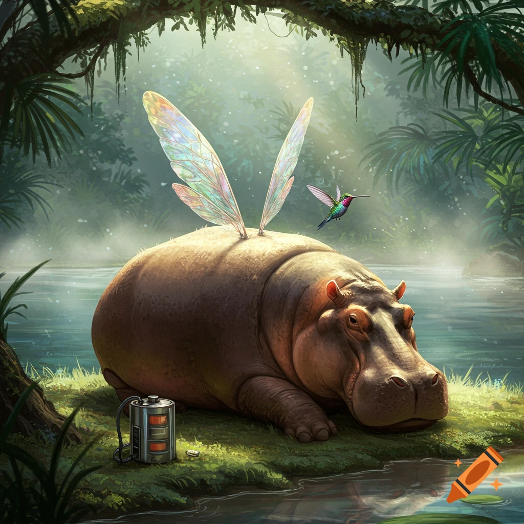 A fantasy illustration of a hippo with iridescent fairy wings resting by a river in a jungle, with a hummingbird and battery.
