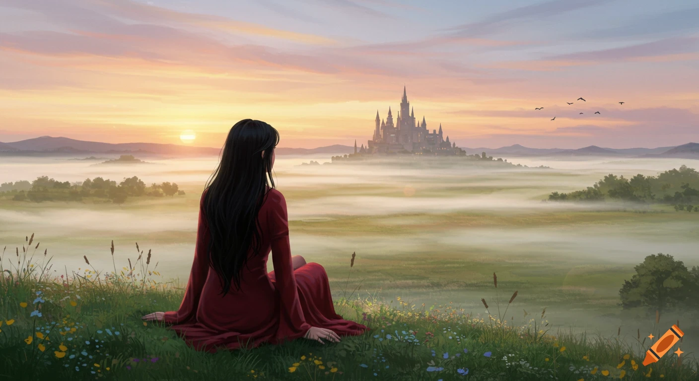 Woman with long black hair in a red dress sits on a grassy hill, gazing at a distant castle through morning mist at sunrise.