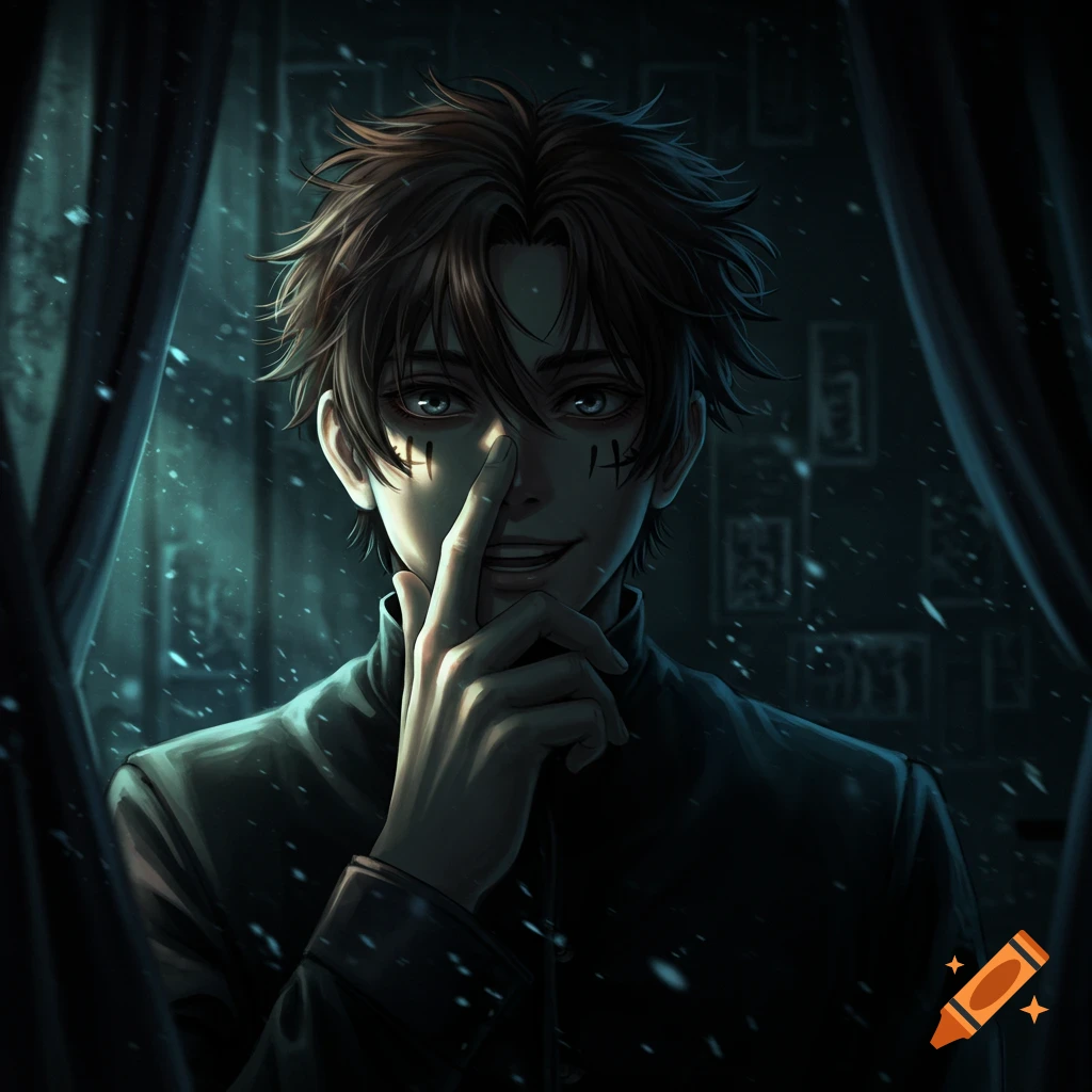 An anime-style man with messy brown hair and blue eyes, wearing dark clothes, pressing his index finger to his nose in a shadowy room with subtle snowfall.