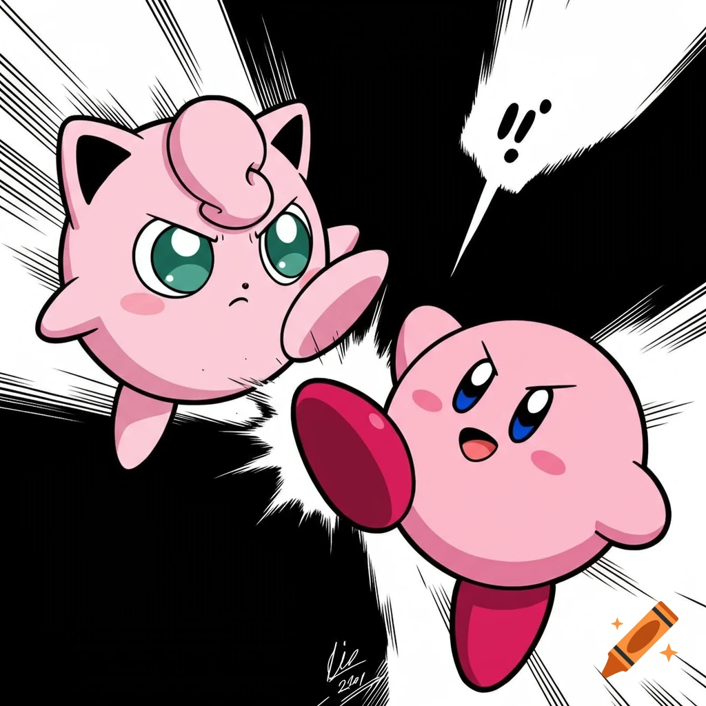 Pink Jigglypuff kicks a startled pink Kirby in the face, drawn in a dynamic anime manga style against a black and white background.