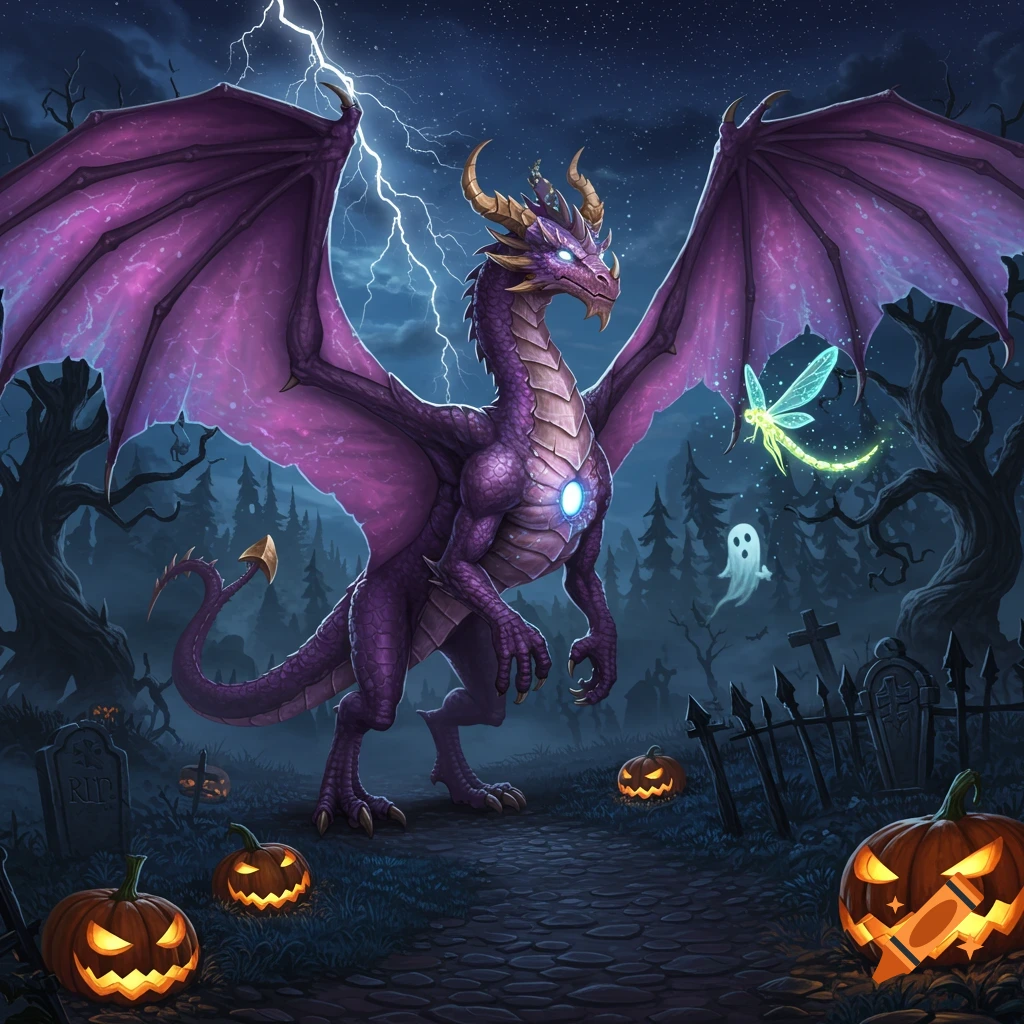 A purple dragon with glowing eyes stands on a Halloween graveyard path with jack-o'-lanterns, a ghost, and lightning. Dark fantasy art.