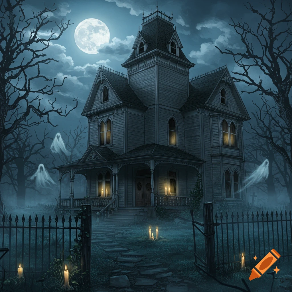 A creepy old haunted house at night under a full moon, with glowing ghosts, barren trees, and lit candles along a path.