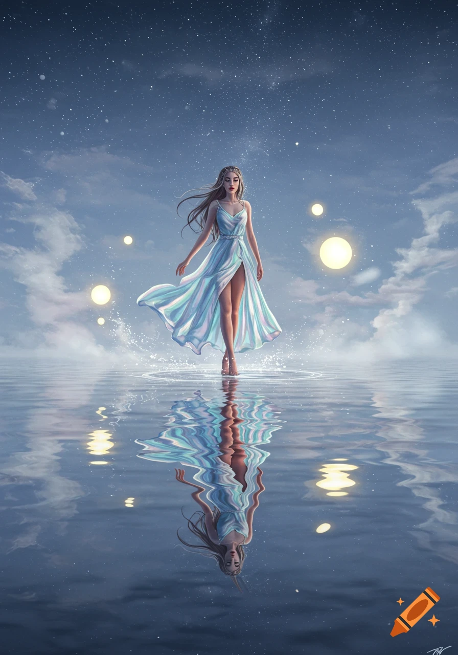A woman in a flowing light blue dress walks on the surface of water, her reflection visible below a starry night sky.