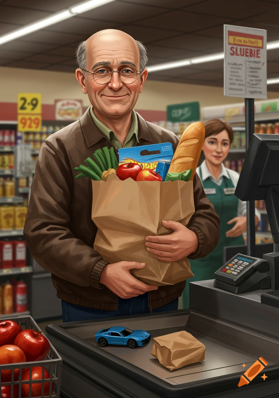 A smiling bald man with glasses holds a brown grocery bag filled with produce, apples, and a Hot Wheels car. He stands at a checkout counter, with a blue toy car and a wrapped item on the conveyor belt, and a female cashier in the background. Stylized art.
