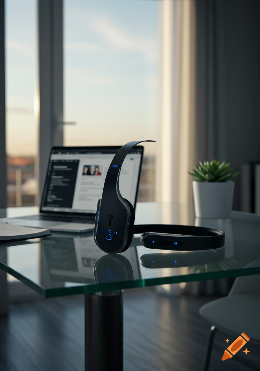 A pair of black, sleek headphones with blue lights on a glass table with a laptop and plant in a sunny room.