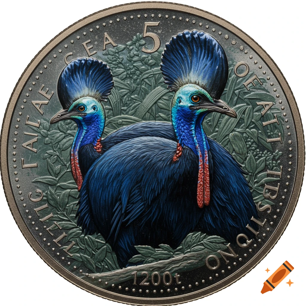 A detailed close-up of a coin featuring two vibrantly colored cassowaries with blue heads and red wattles, surrounded by lush green foliage. The coin has the number '5' and other text around its rim.