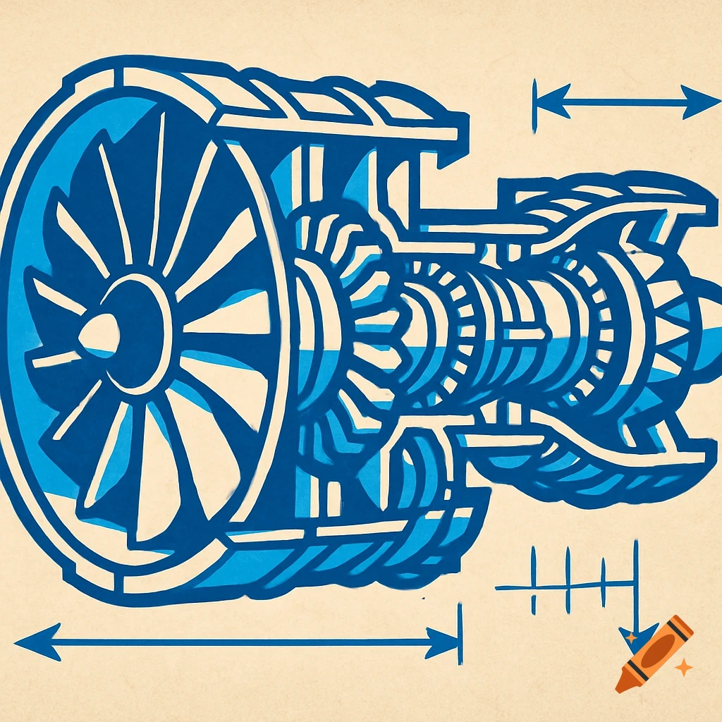 Stylized blue and beige blueprint illustration of a cross-section of an aircraft engine.