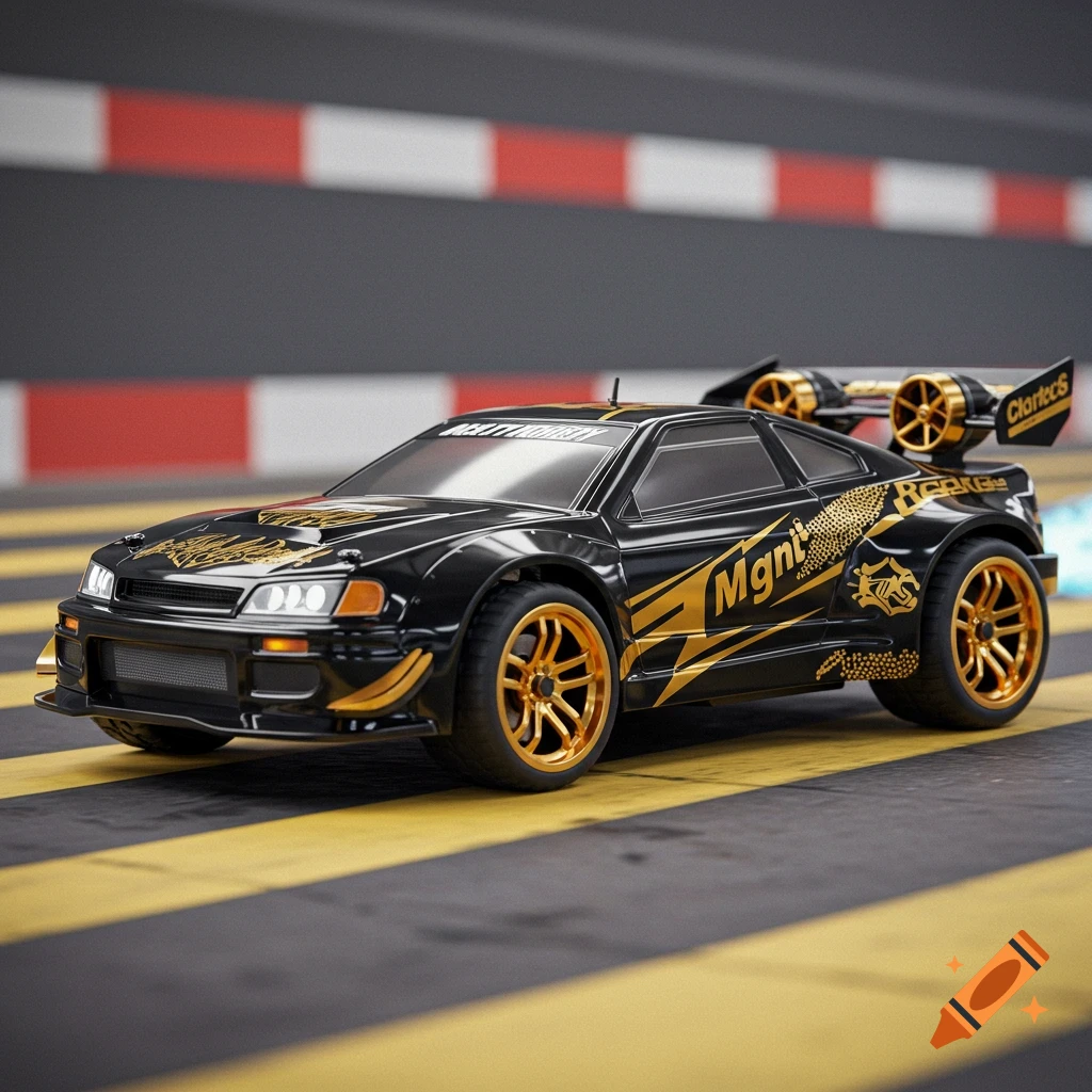 A black RC toy car with gold decals, gold multispoke rims, and rear jet-style fans, sits on a racetrack with yellow and black stripes.