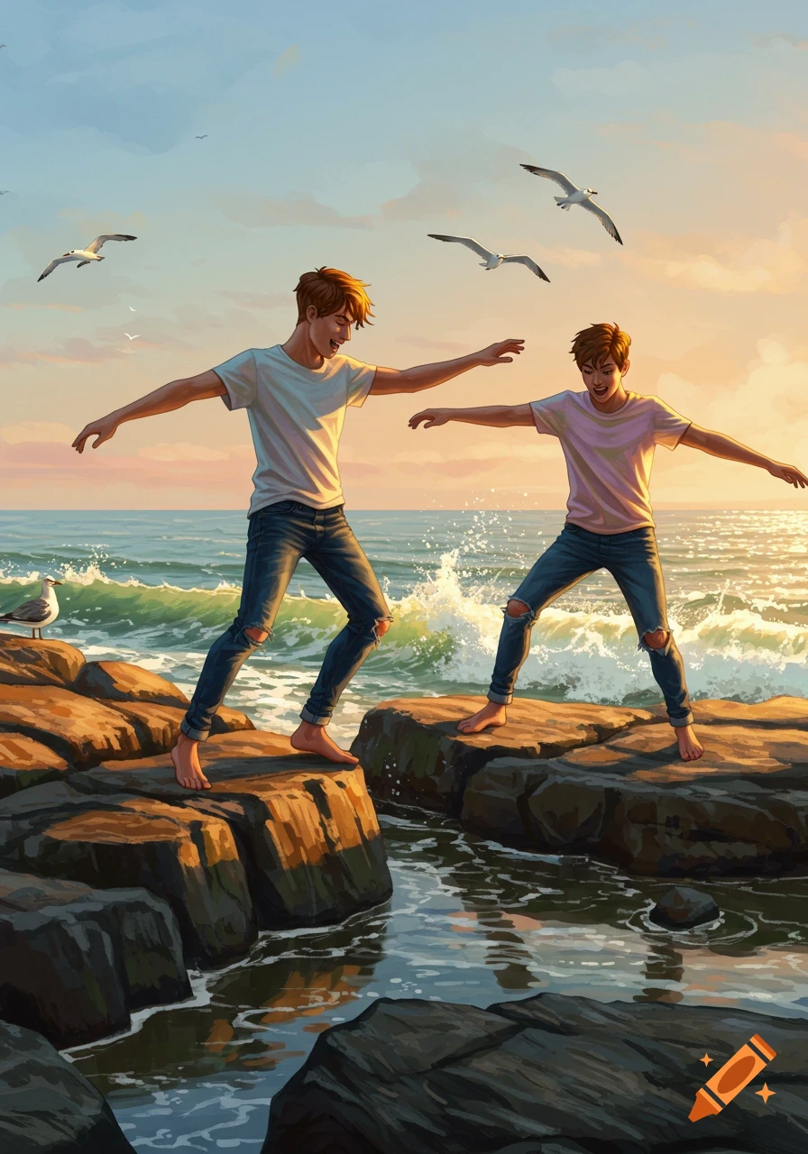 Two young men balancing on rocks by the ocean at sunset, with seagulls flying, in an illustrative style.