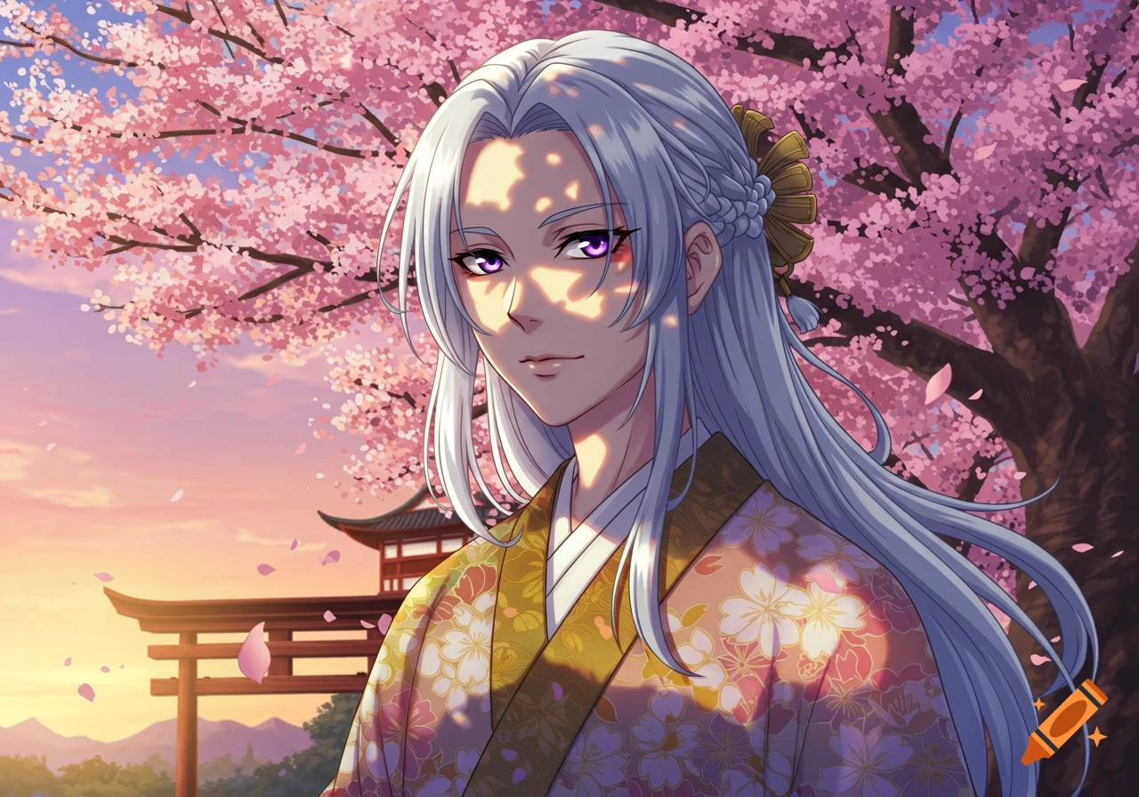 Anime person with long silver hair and purple eyes in a kimono, standing under cherry blossoms with a Japanese temple at sunset.