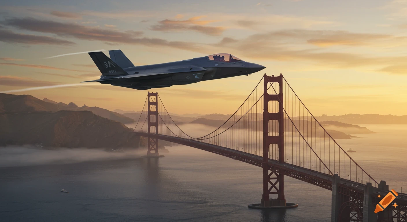 Photorealistic F-35 jet soaring over the Golden Gate Bridge at sunrise, with mist covering the bay and mountains.