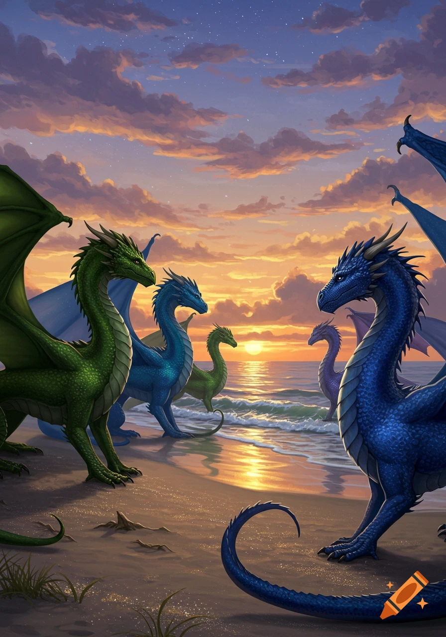 Colorful dragons, green and blue, stand on a sandy beach at sunset, looking out at the sea with glowing water.