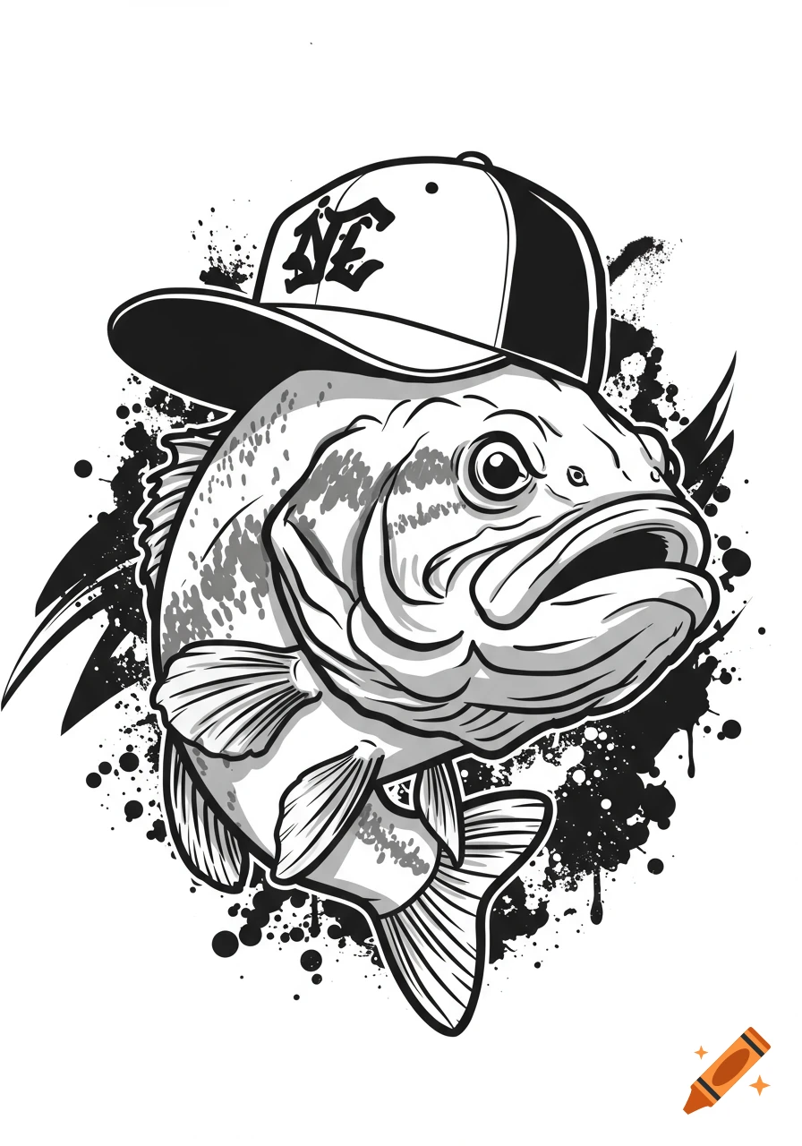 Black and white line art illustration of a bass fish wearing a baseball cap with 'NE' text, against a splatter background.