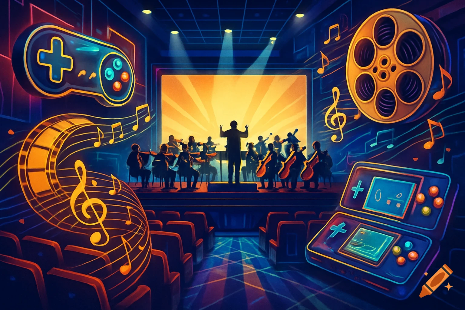 Stylized, vibrant illustration of an orchestra playing on stage, surrounded by glowing video game controllers, a handheld console, a film reel, and musical notes.
