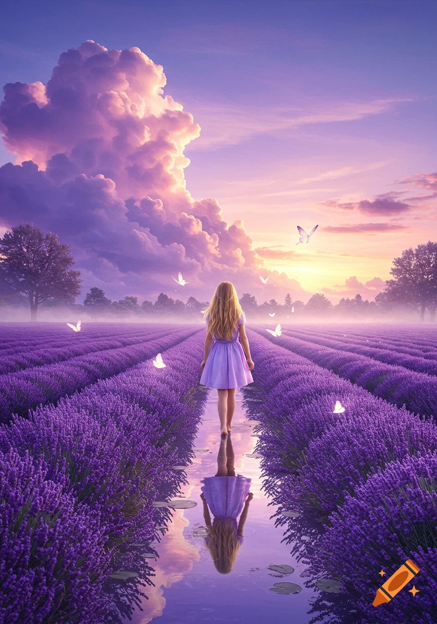 A girl walks barefoot through a vibrant lavender field at sunset, with butterflies and a dreamy purple sky reflected in the water.