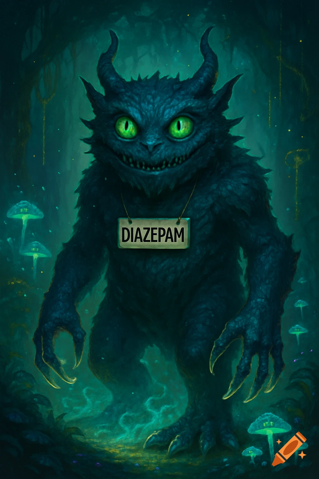 A dark horned furry monster with glowing green eyes and a 'DIAZEPAM' name tag stands in a bioluminescent fantasy forest.