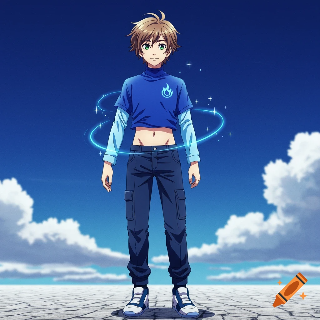 Anime boy with green eyes, brown hair, blue cropped shirt baring midriff, cargo pants, blue aura, against blue sky.