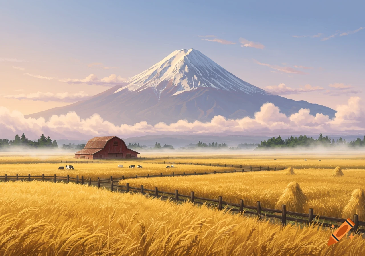 A painterly landscape of a red barn and cows in a golden field with hay bales, under a large snow-capped mountain and cloudy sky.