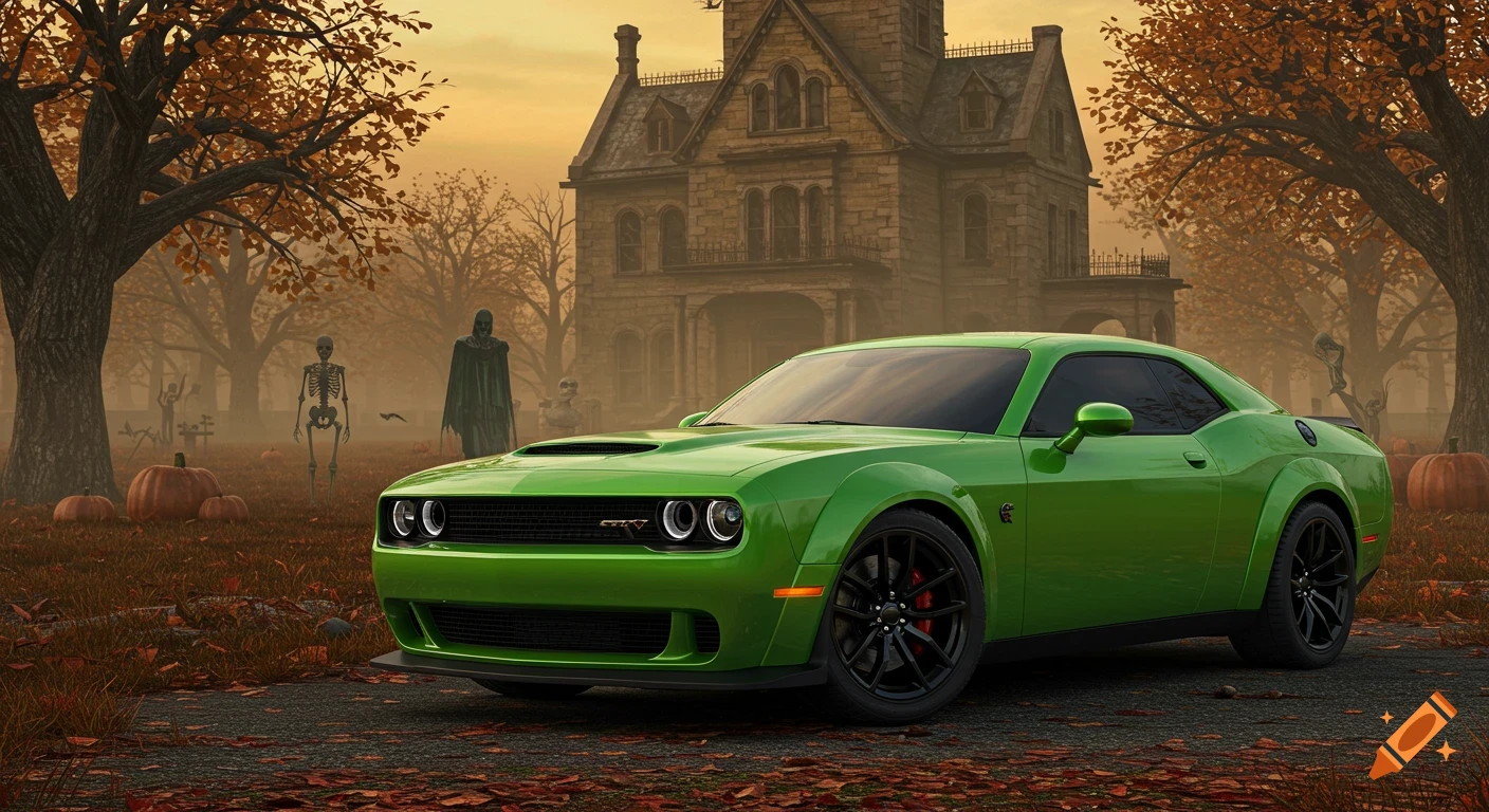 A vibrant green Dodge Challenger SRT sits on a leaf-strewn road in front of a spooky haunted mansion at dusk, surrounded by skeletons and pumpkins.