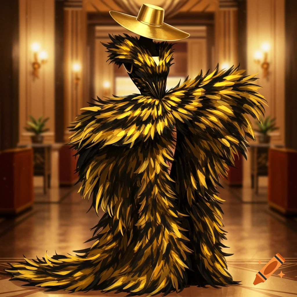 A dramatic gold and black feather dress with a wide-brimmed gold hat stands in a luxurious, dimly lit hall.