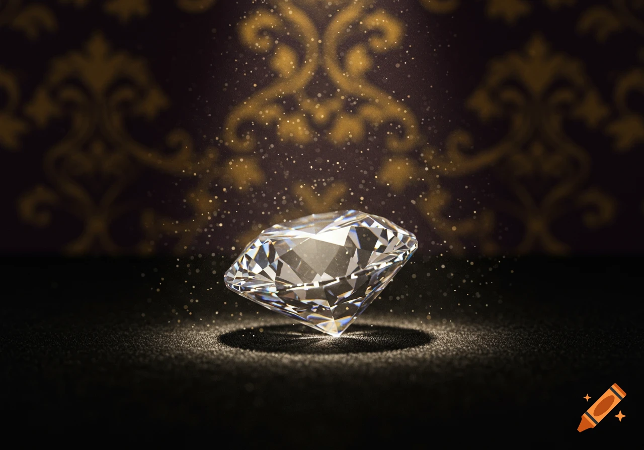 A brilliant, faceted diamond sparkles under a spotlight, floating above a dark textured surface with an ornate background.