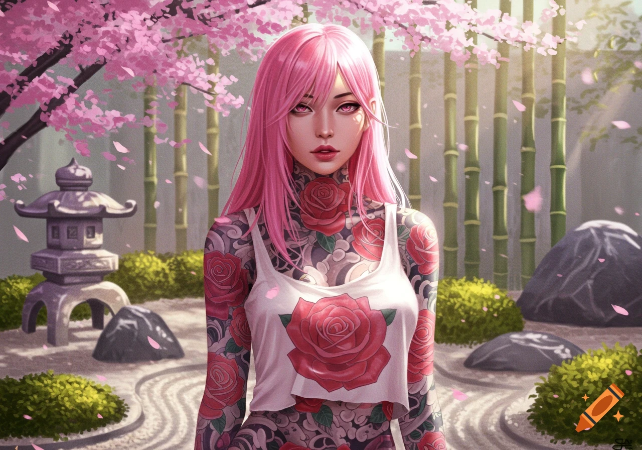 Digital art of a pink-haired woman with rose tattoos in a white tank top, standing in a cherry blossom garden.
