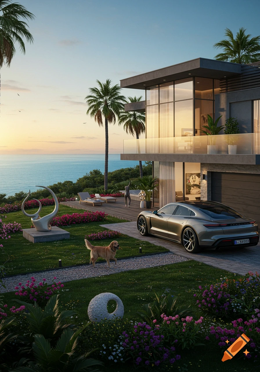A modern luxury home with large windows and a balcony overlooking the ocean at sunset. A gold Porsche Taycan, a golden retriever, and palm trees are in the lush garden filled with flowers.